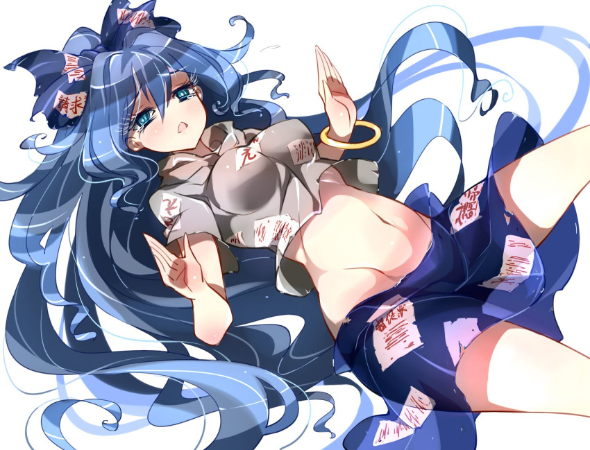 1girl bangle bangs blue_bow blue_eyes blue_hair blue_skirt blush bow bracelet breasts commentary cowboy_shot crop_top d; debt eyebrows_visible_through_hair grey_hoodie groin hair_between_eyes hair_bow hood hoodie jewelry long_hair looking_at_viewer medium_breasts midriff miniskirt navel no_nose one_eye_closed open_mouth raptor7 short_sleeves simple_background skirt solo stomach stomach_day tears thighs touhou very_long_hair white_background yorigami_shion