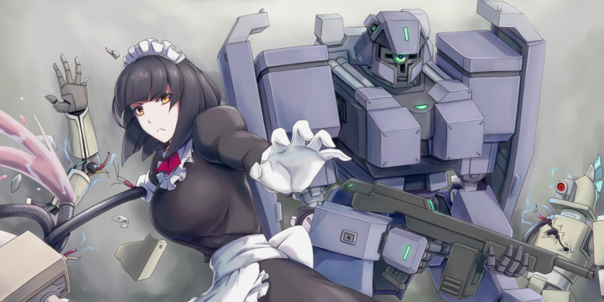 1girl apron bangs black_dress black_hair blunt_bangs breaking breasts broken brown_eyes commentary cozyluk dress electricity frown gloves grey_background gun holding holding_gun holding_weapon large_breasts long_sleeves looking_at_viewer maid maid_apron maid_headdress mecha original puffy_long_sleeves puffy_sleeves robot standing weapon white_gloves