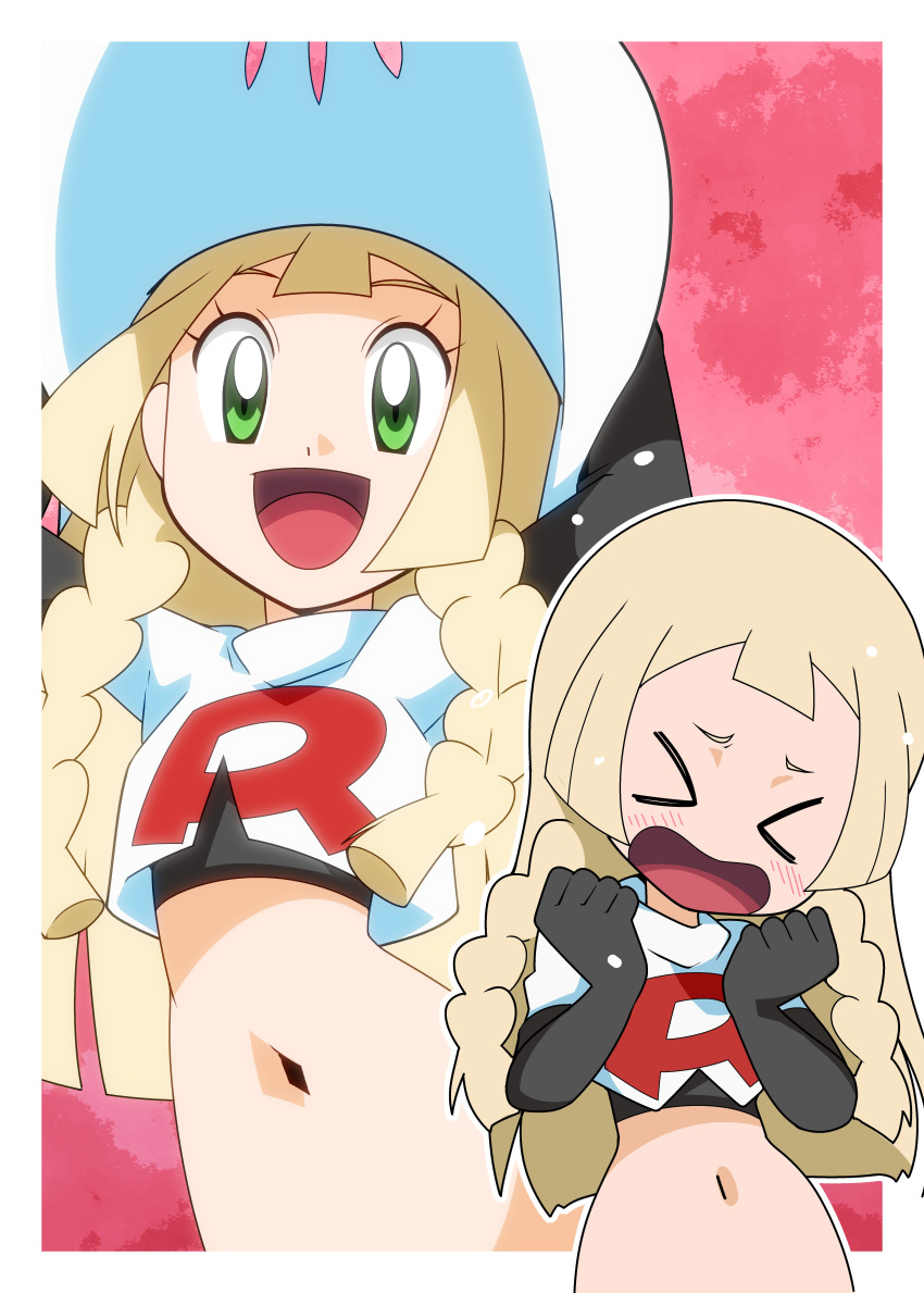 absurdres blonde_hair cosplay green_eyes hainchu highres lillie_(pokemon) long_hair midriff musashi_(pokemon) musashi_(pokemon)_(cosplay) navel open_mouth pokemon pokemon_(game) pokemon_sm smile stomach team_rocket_uniform white_headwear