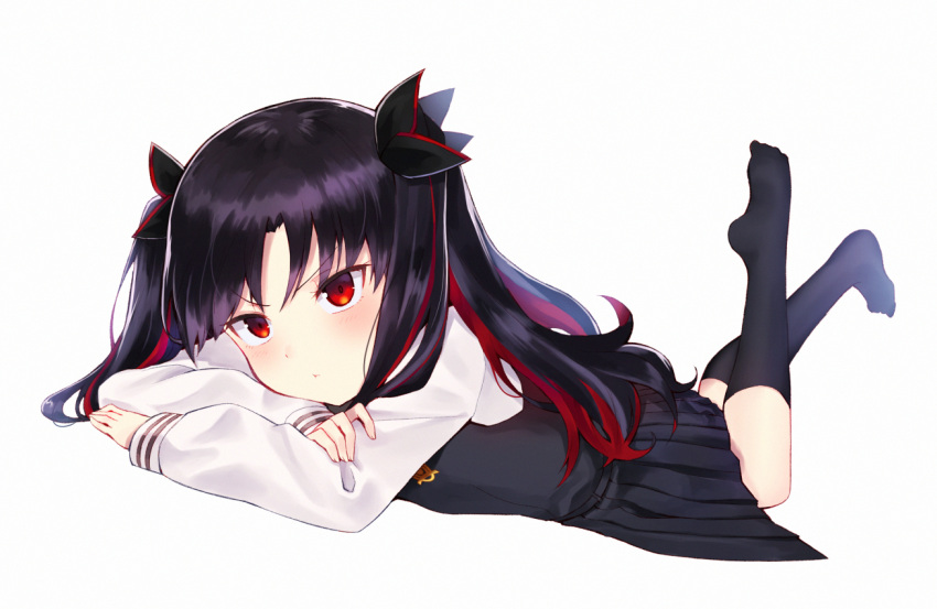 1girl bangs black_hair black_legwear black_ribbon black_skirt black_vest commentary_request dutch_angle eyebrows_visible_through_hair fate/grand_order fate_(series) feet_up full_body hair_ribbon itsumi_mita kneehighs long_hair long_sleeves looking_at_viewer lying multicolored_hair on_stomach parted_bangs pleated_skirt red_eyes redhead ribbon school_uniform shirt simple_background skirt solo space_ishtar_(fate) two-tone_hair two_side_up v-shaped_eyebrows very_long_hair vest white_background white_shirt