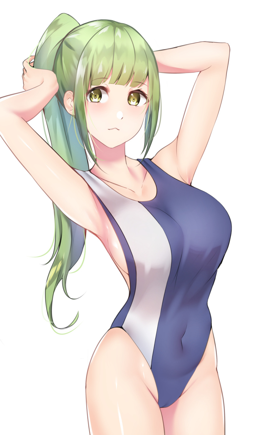 1girl :&lt; arms_behind_head blonde_hair blue_swimsuit breasts collarbone competition_swimsuit covered_navel eyebrows_visible_through_hair green_hair highres large_breasts long_hair okamired one-piece_swimsuit original ponytail sideboob simple_background solo swimsuit white_background