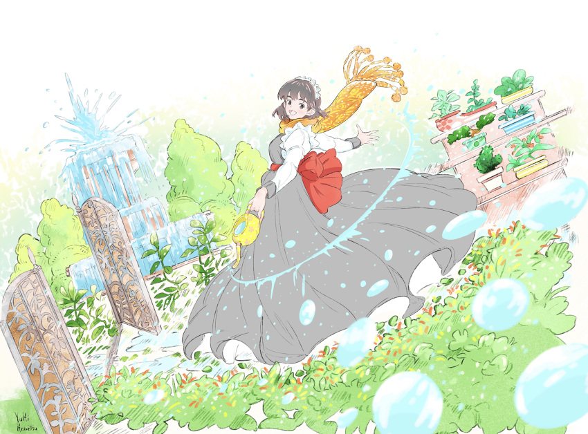 1girl back_bow bow dress fountain grey_dress grey_hair highres juliet_sleeves kawatsu_yuuki leaf long_sleeves looking_at_viewer medium_hair open_mouth orange_scarf original plant potted_plant puffy_sleeves red_bow scarf signature smile solo water watering_can