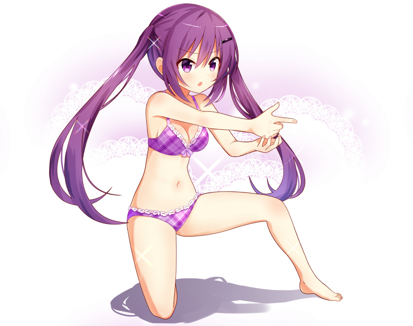 1girl absurdres bangs bare_arms bare_legs bare_shoulders barefoot blush bra commentary_request doily eyebrows_visible_through_hair finger_gun frilled_bra frilled_panties frills full_body gochuumon_wa_usagi_desu_ka? hair_between_eyes hair_ornament hairclip highres long_hair nanakusa_amane navel one_knee panties parted_lips plaid plaid_bra plaid_panties purple_bra purple_hair purple_panties ribbon-trimmed_bra ribbon-trimmed_panties shadow sidelocks solo tedeza_rize twintails underwear underwear_only v-shaped_eyebrows very_long_hair violet_eyes