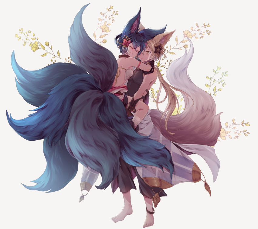 1boy 1girl animal_ears backless_outfit blonde_hair blue_hair blush collar erune fox_boy fox_ears fox_girl fox_tail gloves granblue_fantasy hair_ornament hair_over_one_eye happy highres hug kou_(granblue_fantasy) large_tail long_hair lov_n_n off_shoulder short_hair smile tail you_(granblue_fantasy)