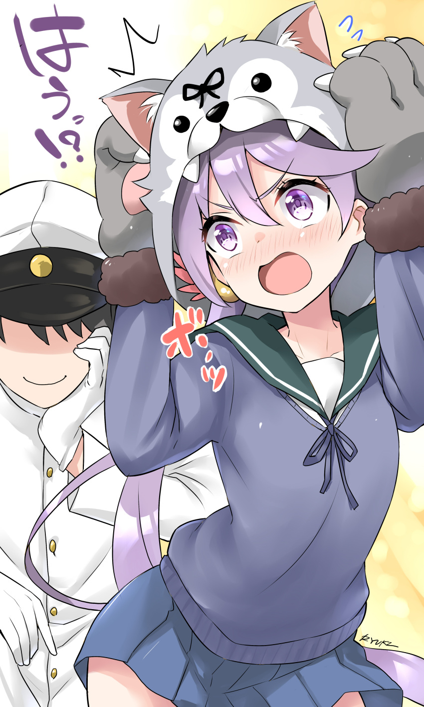 1boy 1girl absurdres admiral_(kantai_collection) akebono_(kantai_collection) animal_hood bell black_hair blue_skirt blush cardigan commentary_request flower gloves green_sailor_collar hair_bell hair_between_eyes hair_flower hair_ornament hat highres hood jingle_bell kantai_collection long_hair long_sleeves military military_uniform naval_uniform open_mouth paws peaked_cap pink_flower pleated_skirt purple_cardigan purple_hair ryuki_(ryukisukune) sailor_collar school_uniform serafuku shaded_face short_hair side_ponytail skirt smile uniform violet_eyes white_gloves