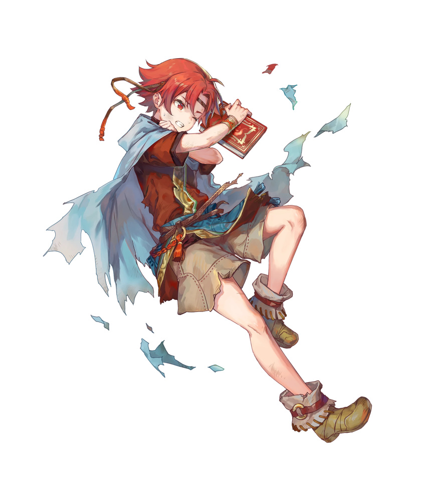 1boy azutarou belt book boots bracelet cape circlet ewan_(fire_emblem) fire_emblem fire_emblem:_the_sacred_stones fire_emblem_heroes full_body highres jewelry official_art one_eye_closed red_eyes redhead solo teeth torn_clothes