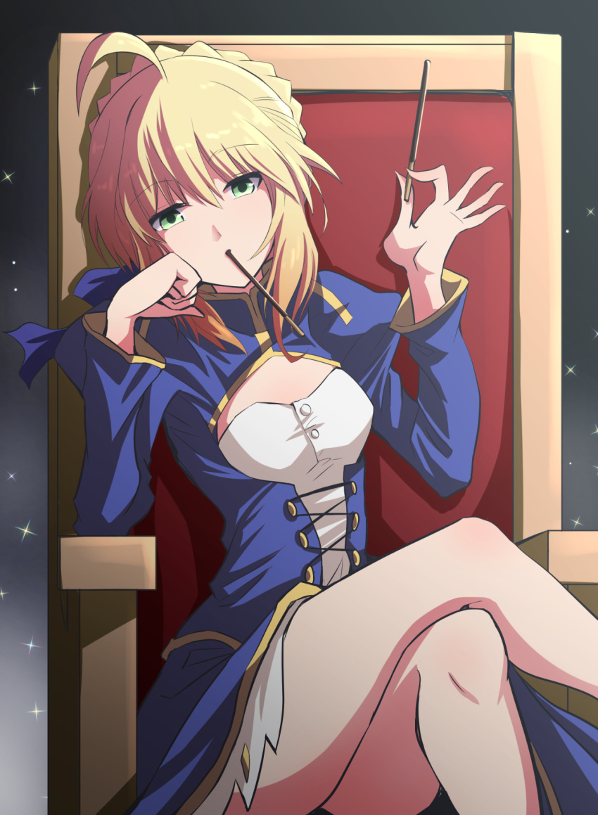 1girl ahoge artoria_pendragon_(all) blonde_hair blouse braid crossed_legs fate/stay_night fate_(series) food food_in_mouth fujitaka_nasu green_eyes highres holding holding_food looking_at_another mouth_hold pocky pocky_day saber sitting skirt throne