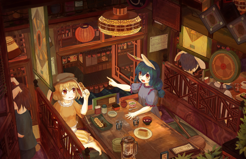 2girls :t absurdres animal_ears bangs barefoot blonde_hair blue_dress blue_hair blush bowl brown_headwear commentary_request cup dango dress drinking_glass ekaapetto eyebrows_visible_through_hair flat_cap food hair_between_eyes hat highres indoors kine long_hair looking_at_another midriff mitarashi_dango multi-tied_hair multiple_girls open_mouth orange_shirt plate pointing puffy_short_sleeves puffy_sleeves rabbit_ears red_eyes ringo_(touhou) seiran_(touhou) shirt short_hair short_sleeves shorts smile spoon striped table touhou vertical_stripes wagashi yellow_shorts