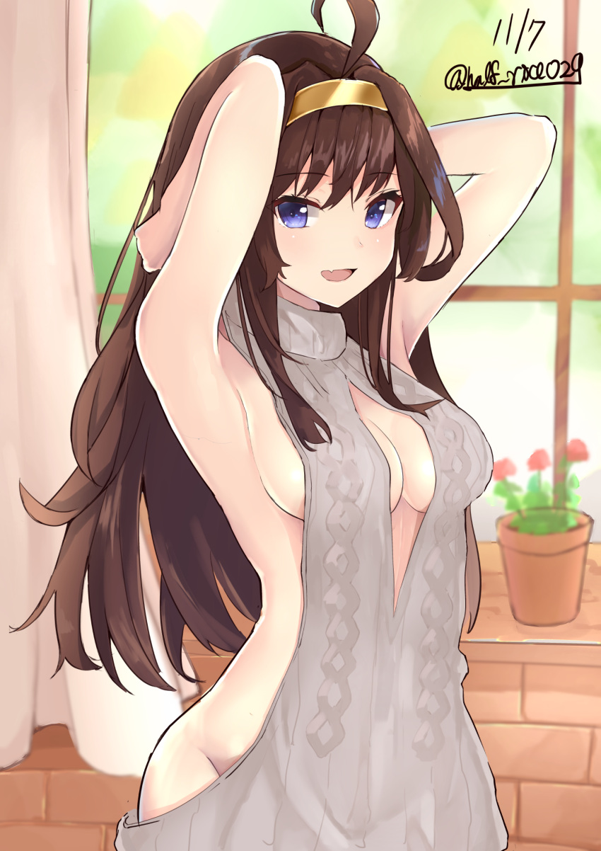 1girl ahoge alternate_costume armpits arms_behind_head arms_up backless_dress backless_outfit blue_eyes breasts brown_hair double_bun dress graphite_(medium) hairband highres kantai_collection kongou_(kantai_collection) long_hair medium_breasts meme_attire naked_sweater ribbed_sweater shiina_aoi sideboob solo sweater sweater_dress traditional_media turtleneck turtleneck_sweater virgin_killer_sweater