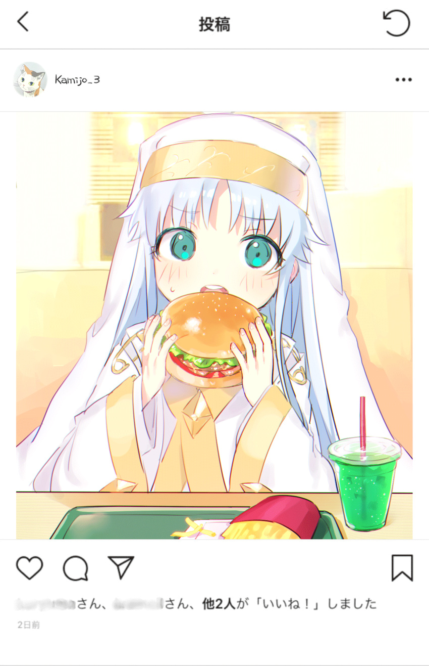 1girl 6sb aqua_eyes blue_hair commentary_request drink eating fake_screenshot food french_fries habit hamburger highres index instagram long_hair looking_at_viewer nun open_mouth robe round_teeth safety_pin solo teeth to_aru_majutsu_no_index translated upper_body upper_teeth