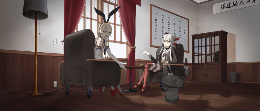 2girls 2others amatsukaze_(kantai_collection) blonde_hair brown_dress cabinet commentary_request couch crop_top curtains dress elbow_gloves full_body garter_straps gloves grey_eyes hair_tubes highres indoors kantai_collection lamp long_hair multiple_girls multiple_others rankebu red_legwear rensouhou-chan rensouhou-kun sailor_dress shimakaze_(kantai_collection) short_dress silver_hair single_glove sitting smokestack_hair_ornament striped striped_legwear table thigh-highs two_side_up white_gloves whiteboard window windsock
