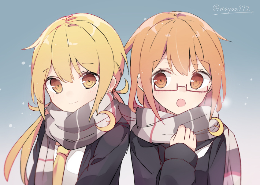 2girls :o aa_(sin2324) black_serafuku blonde_hair blue_background blue_jacket brown_eyes brown_hair crescent crescent_moon_pin eyebrows_visible_through_hair glasses gradient gradient_background jacket kantai_collection long_hair long_sleeves looking_at_another looking_at_viewer mochizuki_(kantai_collection) multiple_girls neckerchief necktie red-framed_eyewear remodel_(kantai_collection) satsuki_(kantai_collection) scarf school_uniform semi-rimless_eyewear serafuku shared_scarf simple_background smile twintails twitter_username upper_body white_neckwear yellow_neckwear