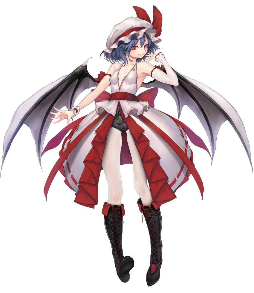 1girl absurdres alternate_costume armpits bare_shoulders black_footwear black_shorts blue_hair boots breasts commentary_request cross-laced_footwear demon_wings detached_sleeves dress fang front_slit grin hand_to_own_mouth hand_up hat hat_ribbon highres knee_boots medium_hair mob_cap pantyhose red_eyes red_ribbon remilia_scarlet ribbon ribbon-trimmed_dress short_shorts shorts simple_background slit_pupils small_breasts smile solo sudako_(dai011305) touhou vampire white_background white_dress white_legwear wings