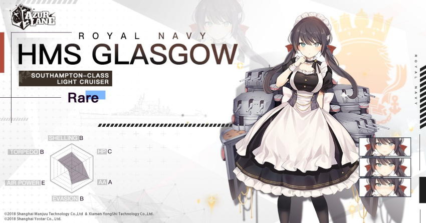 1girl azur_lane black_dress black_hair black_legwear blue_eyes breasts character_name choker closed_mouth dress expressions full_body glasgow_(azur_lane) hand_up large_breasts long_hair looking_at_viewer low_twintails lpip maid maid_headdress official_art pantyhose puffy_short_sleeves puffy_sleeves rigging rudder_footwear short_sleeves solo standing turret twintails watermark wrist_cuffs