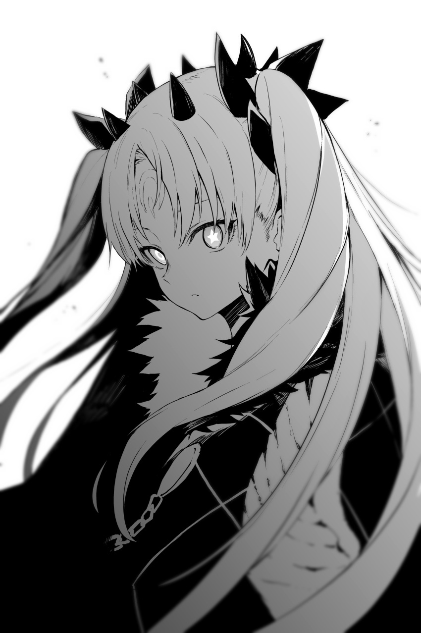 1girl absurdres bangs blurry blurry_background blurry_foreground cape depth_of_field ereshkigal_(fate/grand_order) fate/grand_order fate_(series) fur-trimmed_cape fur_trim greyscale highres jewelry long_hair looking_at_viewer monochrome open_mouth parted_bangs solo star star-shaped_pupils symbol-shaped_pupils tsukamoto_minori two_side_up very_long_hair