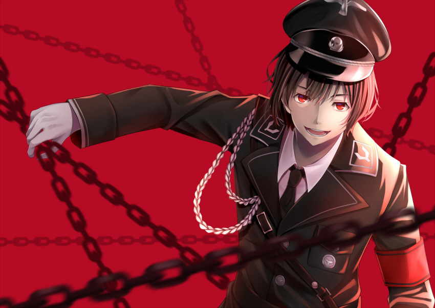 1boy :d armband black_hair black_neckwear chain gloves hat highres holding_chain koki_(latte1023) looking_at_viewer male_focus military_hat necktie open_mouth original pocket red_background red_eyes simple_background smile uniform white_gloves