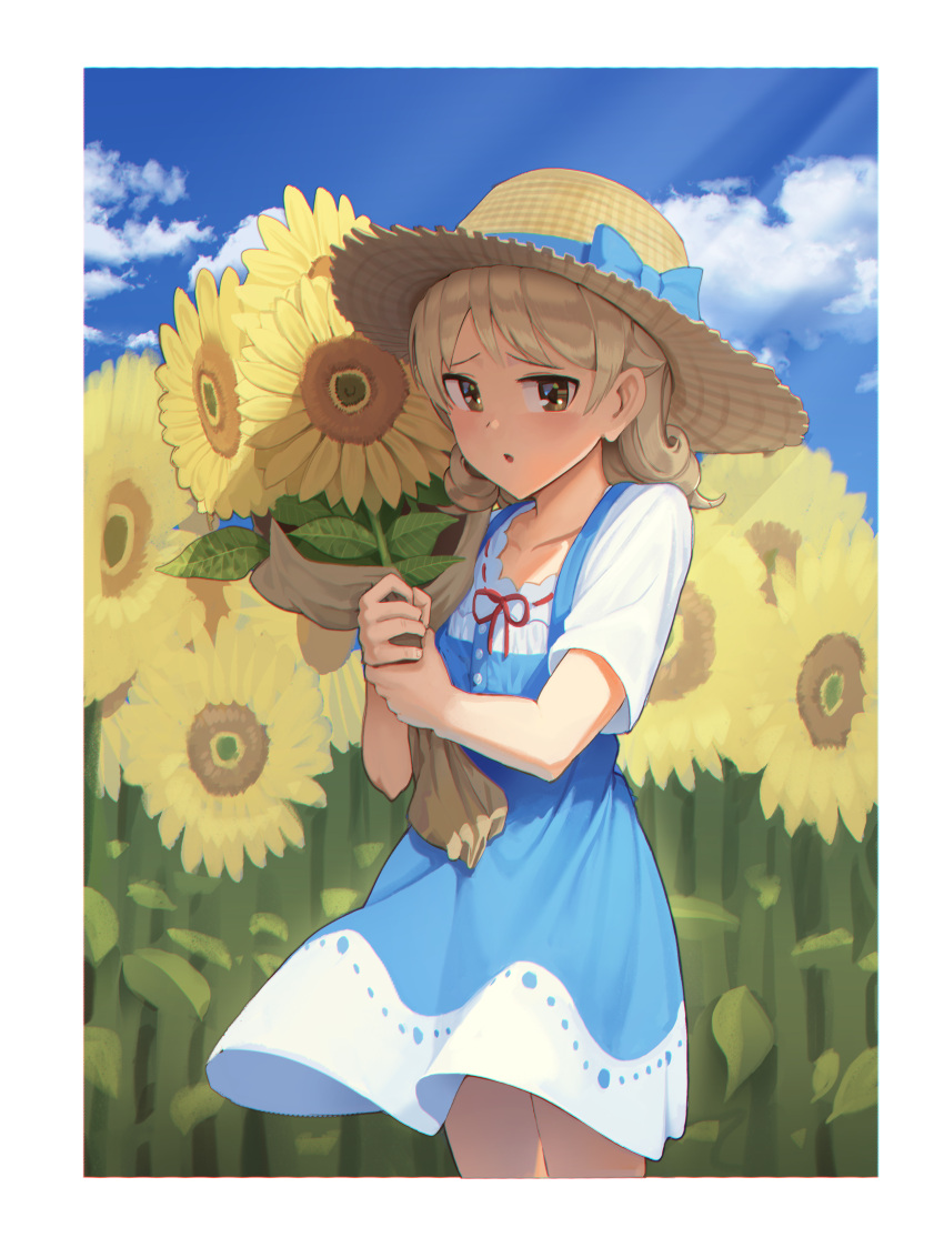 1girl absurdres bangs blue_bow blue_dress blue_sky blush bow brown_eyes brown_headwear clouds cloudy_sky collarbone day dress flower goback hat hat_bow highres holding holding_flower idolmaster idolmaster_cinderella_girls light_brown_hair long_hair morikubo_nono outdoors parted_lips red_ribbon ribbon ribbon-trimmed_shirt ribbon_trim shirt short_sleeves sky sleeveless sleeveless_dress solo sunflower white_shirt yellow_flower