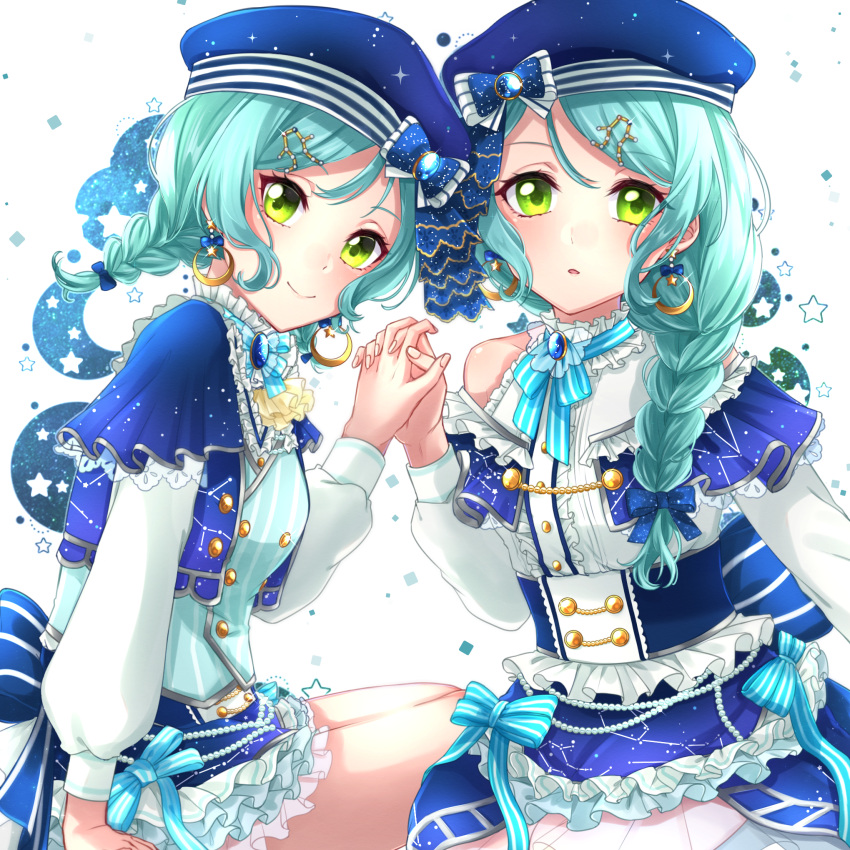 2girls alternate_hairstyle aqua_hair bang_dream! beads blue_headwear blue_skirt bow braid brooch capelet closed_mouth constellation_hair_ornament constellation_print crescent crescent_earrings earrings frills green_eyes hair_bow hair_ornament hairclip hand_up hat hat_bow highres hikawa_hina hikawa_sayo holding_hands idol interlocked_fingers jewelry long_hair long_sleeves looking_at_viewer multiple_girls parted_lips pearl_(gemstone) ribbon shirt siblings single_braid siratama0629 sisters sitting skirt smile sparkle star star_earrings starry_background striped striped_ribbon twin_braids twins vest white_background white_shirt