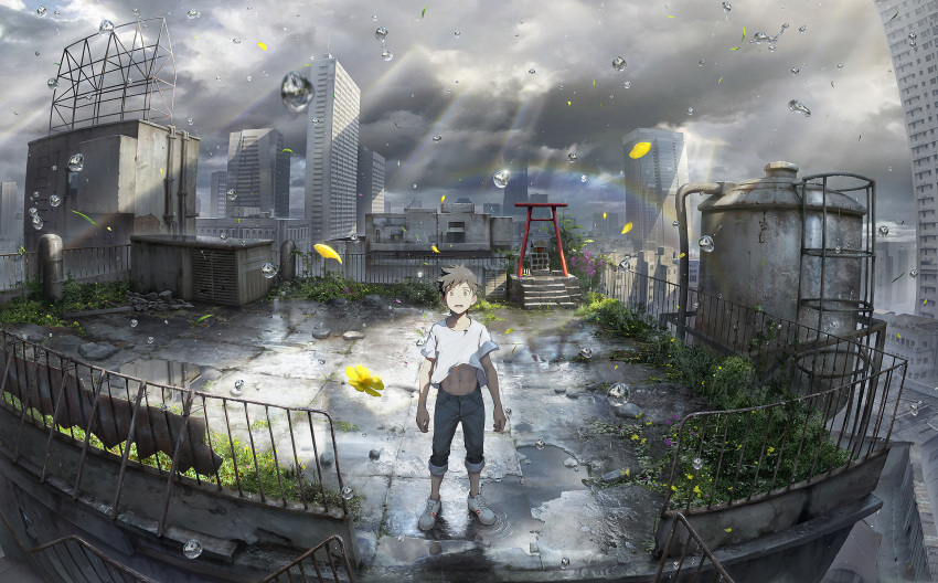 1boy after_rain arms_at_sides bare_arms beitemian black_hair blurry brown_eyes building clouds cloudy_sky depth_of_field flower grass highres ladder leaf light_rays looking_at_viewer male_focus morisaki_hotaka navel outdoors pants pants_rolled_up petals pipes plant puddle railing rainbow rooftop rubble shinto shirt shirt_lift shoes short_sleeves shrine sky skyscraper sneakers solo stairs standing sunlight surprised t-shirt tenki_no_ko tile_floor tiles torii upshirt water_drop water_tank white_footwear white_shirt widescreen wind wind_lift yellow_flower