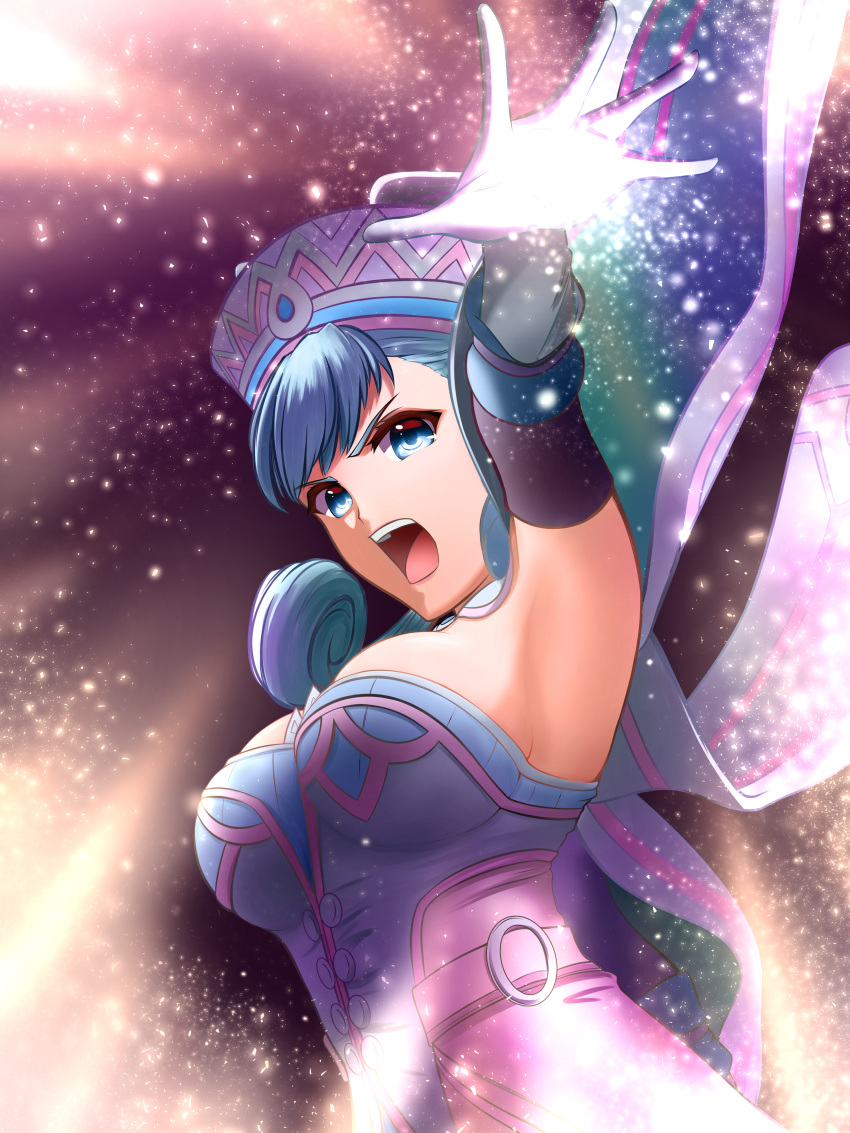1girl absurdres armpits blue_eyes breasts dress elbow_gloves from_below gloves grey_hair hat highres large_breasts magic melia mercury_xeno open_mouth sideboob sidelocks solo xenoblade_(series) xenoblade_1