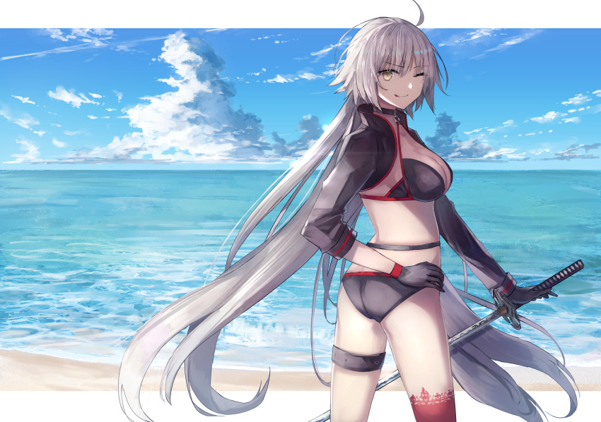 1girl ;q ahoge ass bangs bikini black_bikini black_gloves blue_sky breasts commentary_request cowboy_shot day eyebrows_visible_through_hair fate/grand_order fate_(series) gloves highres holding holding_sword holding_weapon jeanne_d'arc_(alter_swimsuit_berserker) jeanne_d'arc_(fate)_(all) large_breasts left-handed long_hair long_sleeves ocean one_eye_closed red_legwear reverse_grip shrug_(clothing) silver_hair single_thighhigh sky smile solo standing swimsuit sword thigh-highs thigh_strap thighs thkani tongue tongue_out very_long_hair water weapon yellow_eyes