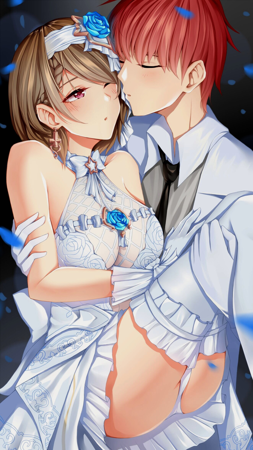 1boy 1girl ass bangs bare_shoulders blush breasts bride captain_(honkai_impact) carrying closed_eyes couple cross cross_earrings dress earrings gloves groom hairband heart heart-shaped_pupils hetero highres honkai_(series) honkai_impact_3rd jewelry looking_at_another medium_breasts one_eye_closed panties parted_lips pink_eyes princess_carry rita_rossweisse ruo_zhishi_chu_jian short_hair symbol-shaped_pupils thigh-highs thighs underwear wedding_dress white_gloves white_legwear white_panties