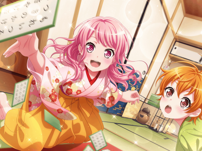 bang_dream! blush kimono maruyama_aya official_art pink_eyes pink_hair short_hair smile