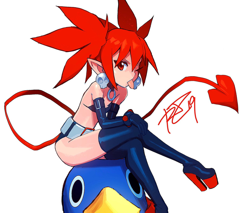 1girl 1other ;p bird black_footwear black_gloves black_panties boots choker crossed_legs demon_tail disgaea earrings elbow_gloves etna flat_chest gloves high_heel_boots high_heels highres jewelry makai_senki_disgaea o-ring o-ring_choker one_eye_closed panties penguin platform_footwear platform_heels pointy_ears prehensile_tail prinny red_eyes redhead robert_porter sitting sitting_on_person skull_earrings solo_focus studded_bracelet tail thigh-highs thigh_boots tongue tongue_out twintails underwear