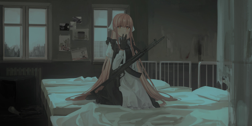 1girl apron bangs bed black_dress black_gloves bow brown_eyes chihuri commentary_request dress ear_piercing eyebrows_visible_through_hair frilled_apron frills gloves gun hair_between_eyes hair_ribbon hand_to_own_mouth hand_up highres indoors juliet_sleeves long_hair long_sleeves looking_at_viewer on_bed original parted_lips piercing pink_hair puffy_sleeves ribbon shirt sleeveless sleeveless_dress smile solo very_long_hair waist_apron weapon weapon_request white_apron white_bow white_ribbon white_shirt window yana_(chihuri)
