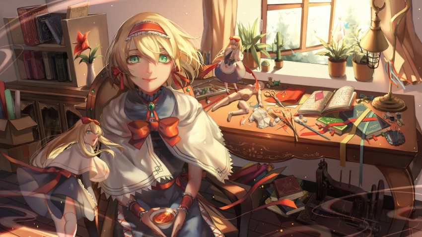 1girl alice_margatroid blonde_hair book brooch cactus capelet colored_pencil cup desk desk_lamp doll doll_joints fabric green_eyes grimoire hairband highres jar jewelry lamp lolita_hairband long_hair looking_at_viewer needle paint_tube pencil plant potted_plant ribbon scissors sewing_kit sewing_machine sewing_needle shanghai_doll short_hair smile solo spool tea teacup thigh-highs touhou white_legwear window ze_xia