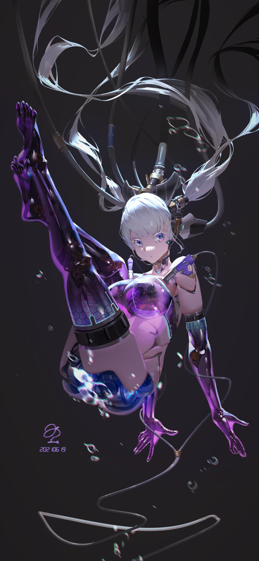 1girl absurdres air_bubble android bangs breasts bubble cable closed_mouth dated highres joints large_breasts long_hair mechanical_arms mechanical_legs mechanical_parts original pink_eyes ribao robot_joints signature solo twintails white_hair