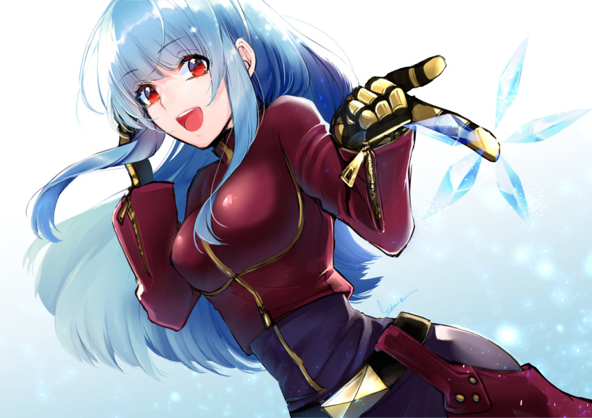 1girl :d belt blue_hair bodysuit breasts chaps cropped_jacket cryokinesis gloves ice jacket kula_diamond long_hair looking_at_viewer medium_breasts nanase_kokono open_mouth red_eyes smile solo the_king_of_fighters the_king_of_fighters_xiv zipper