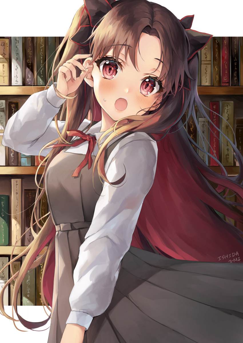 1girl :o absurdres artist_name bangs black_dress black_ribbon blush book bookshelf brown_hair commentary_request cowboy_shot dress elbow_gloves fate/grand_order fate_(series) gloves hair_ribbon highres indoors ishita_umi ishtar_(fate/grand_order) long_sleeves looking_at_viewer multicolored_hair neck_ribbon open_mouth parted_bangs pinafore_dress red_eyes red_neckwear red_ribbon redhead ribbon solo space_ishtar_(fate) striped sweat two-tone_hair two_side_up vertical_stripes