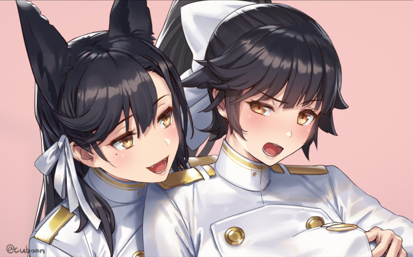 2girls animal_ears atago_(azur_lane) azur_lane bangs black_hair blush bow breast_grab breasts brown_eyes buttons cuboon epaulettes extra_ears eyebrows_visible_through_hair fangs frown grabbing grabbing_from_behind hair_between_eyes hair_bow hair_flaps hair_ribbon large_breasts long_hair looking_at_another military military_uniform mole mole_under_eye multiple_girls open_mouth ponytail ribbon simple_background smile swept_bangs takao_(azur_lane) twitter_username uniform very_long_hair white_bow white_ribbon