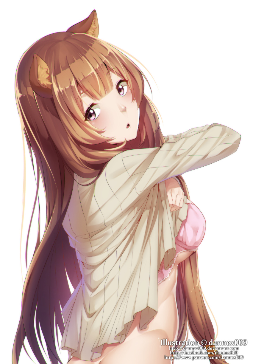 1girl :o absurdres animal_ear_fluff animal_ears artist_name bangs blunt_bangs blush bra breasts brown_hair dannex009 deviantart_username eyebrows_visible_through_hair facebook_username from_side groin hands_up head_tilt highres long_hair long_sleeves looking_at_viewer medium_breasts open_mouth paid_reward patreon_reward patreon_username pink_bra pink_eyes raccoon_ears raccoon_girl raphtalia ribbed_shirt shirt simple_background solo tate_no_yuusha_no_nariagari under_boob underwear undressing watermark web_address white_background