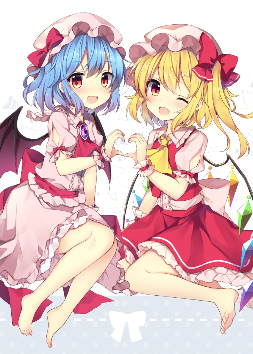 2girls ;d ascot bangs barefoot bat_wings blonde_hair blue_hair blush bow brooch commentary_request crystal dress eyebrows_visible_through_hair fang feet flandre_scarlet frilled_shirt frilled_shirt_collar frilled_sleeves frills hat hat_ribbon heart heart_hands highres jewelry looking_at_viewer mob_cap multiple_girls one_eye_closed open_mouth petticoat pink_dress puffy_short_sleeves puffy_sleeves red_bow red_eyes red_ribbon red_skirt red_vest remilia_scarlet ribbon ruhika sash shirt short_hair short_sleeves simple_background skirt smile toes touhou vest white_background white_shirt wings wrist_cuffs yellow_neckwear