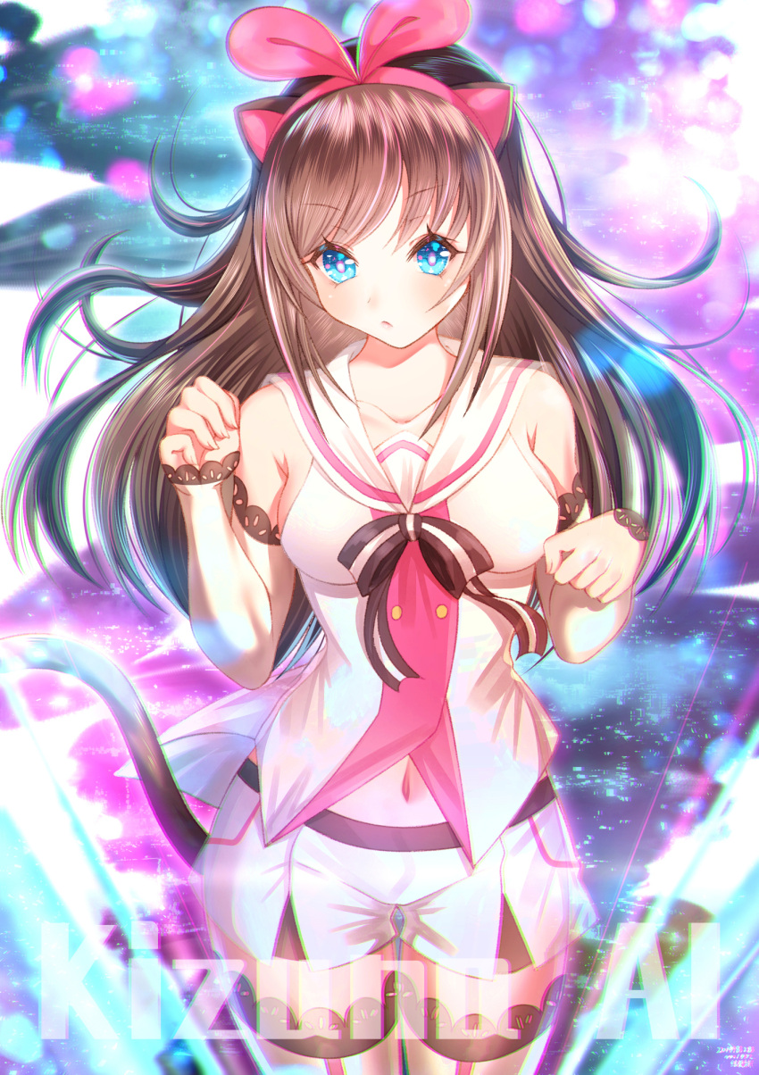 1girl a.i._channel animal_ears arms_up blue_eyes breasts brown_hair cat_ears cat_tail character_name collarbone detached_sleeves highres jiaxi_daze kizuna_ai lace lace-trimmed_legwear long_hair looking_at_viewer medium_breasts navel paw_pose pink_ribbon ribbon short_shorts shorts solo tail thigh-highs virtual_youtuber