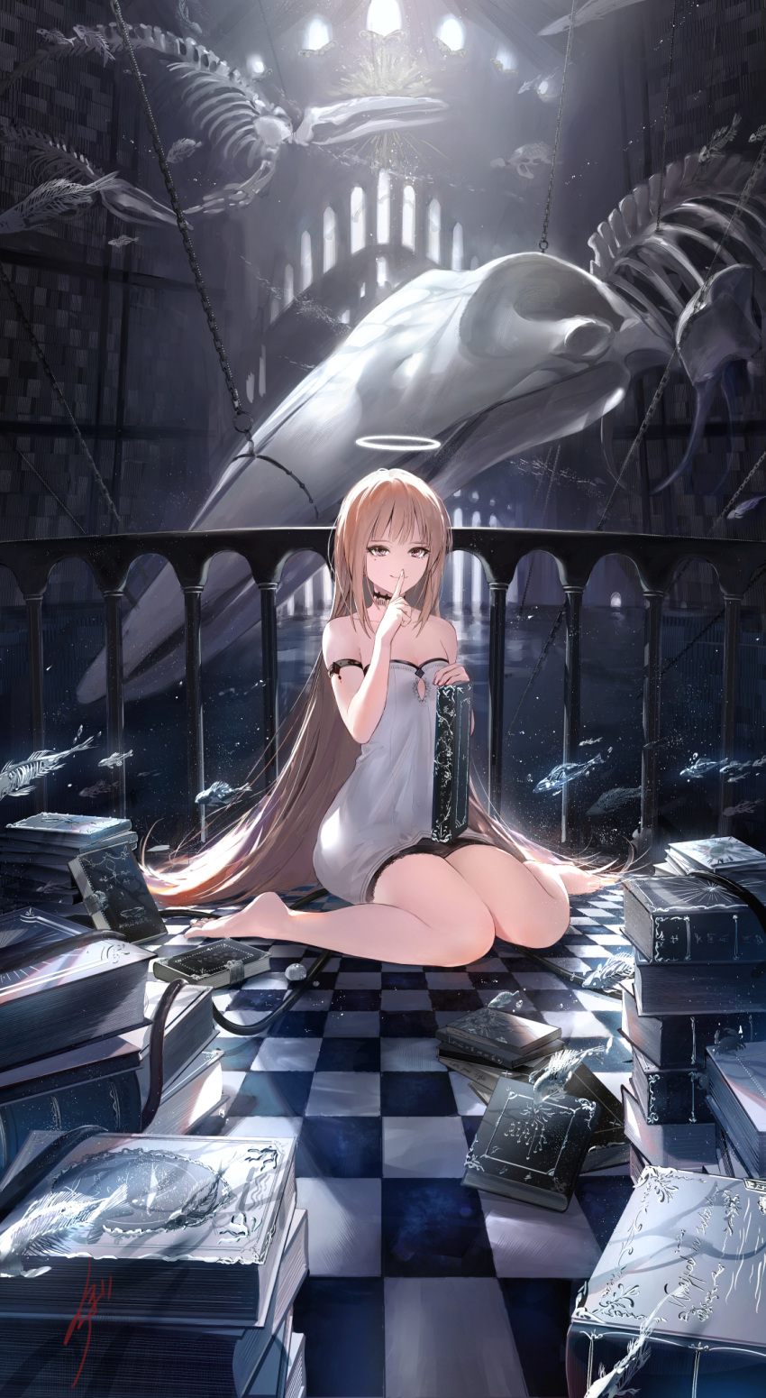 1girl arm_strap balcony bare_legs bare_shoulders barefoot book book_stack brown_eyes brown_hair chain checkered checkered_floor choker collarbone commentary_request dress finger_to_mouth fish grimoire hand_up highres hoojiro index_finger_raised indoors library long_hair looking_at_viewer mole mole_under_eye original shushing signature sitting skeleton smile solo strapless strapless_dress very_long_hair wariza white_dress