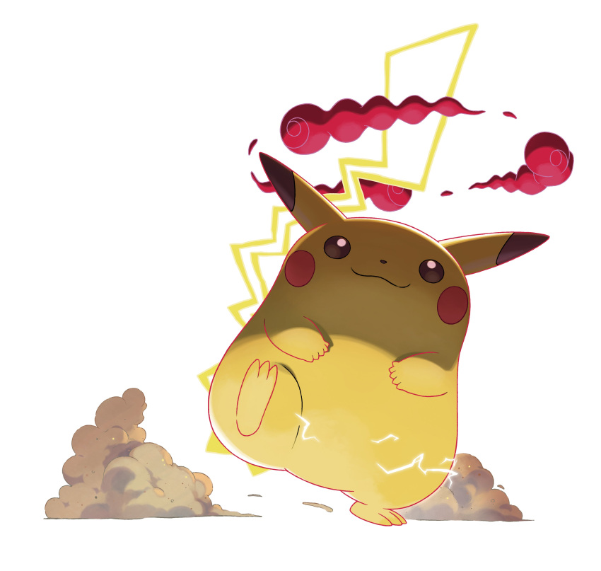 :3 absurdres artist_request blank_eyes blush_stickers brown_eyes closed_mouth electricity gen_1_pokemon gigantamax gigantamax_pikachu highres jpeg_artifacts leg_up no_humans official_art pikachu pokemon pokemon_(creature) pokemon_(game) pokemon_swsh simple_background smile smoke solo standing standing_on_one_leg white_background