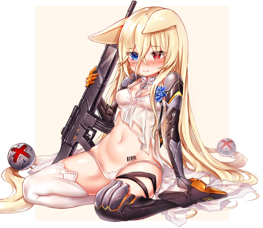 1girl :3 absurdres animal_ears arm_support assault_rifle babydoll bangs barcode barcode_tattoo blonde_hair blue_eyes blue_flower blue_rose blush breasts cat_ears choker closed_mouth commentary crossed_bangs eyebrows_visible_through_hair flower frilled_choker frills g41_(girls_frontline) girls_frontline groin gun h&amp;k_g41 hair_between_eyes heterochromia highres honyang long_hair low-tied_long_hair mechanical_arms midriff mismatched_legwear navel open_mouth panties reclining red_eyes rifle rose shirt single_thighhigh sitting solo stomach tattoo thigh-highs underwear very_long_hair wariza weapon white_babydoll white_choker white_legwear white_panties white_shirt