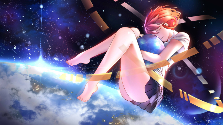 1girl ball barefoot black_skirt clouds earth full_body highres holding holding_ball hug knees_up lens_flare original redhead shirt short_sleeves skirt sky solo space star_(sky) starry_sky sysen wallpaper white_shirt world