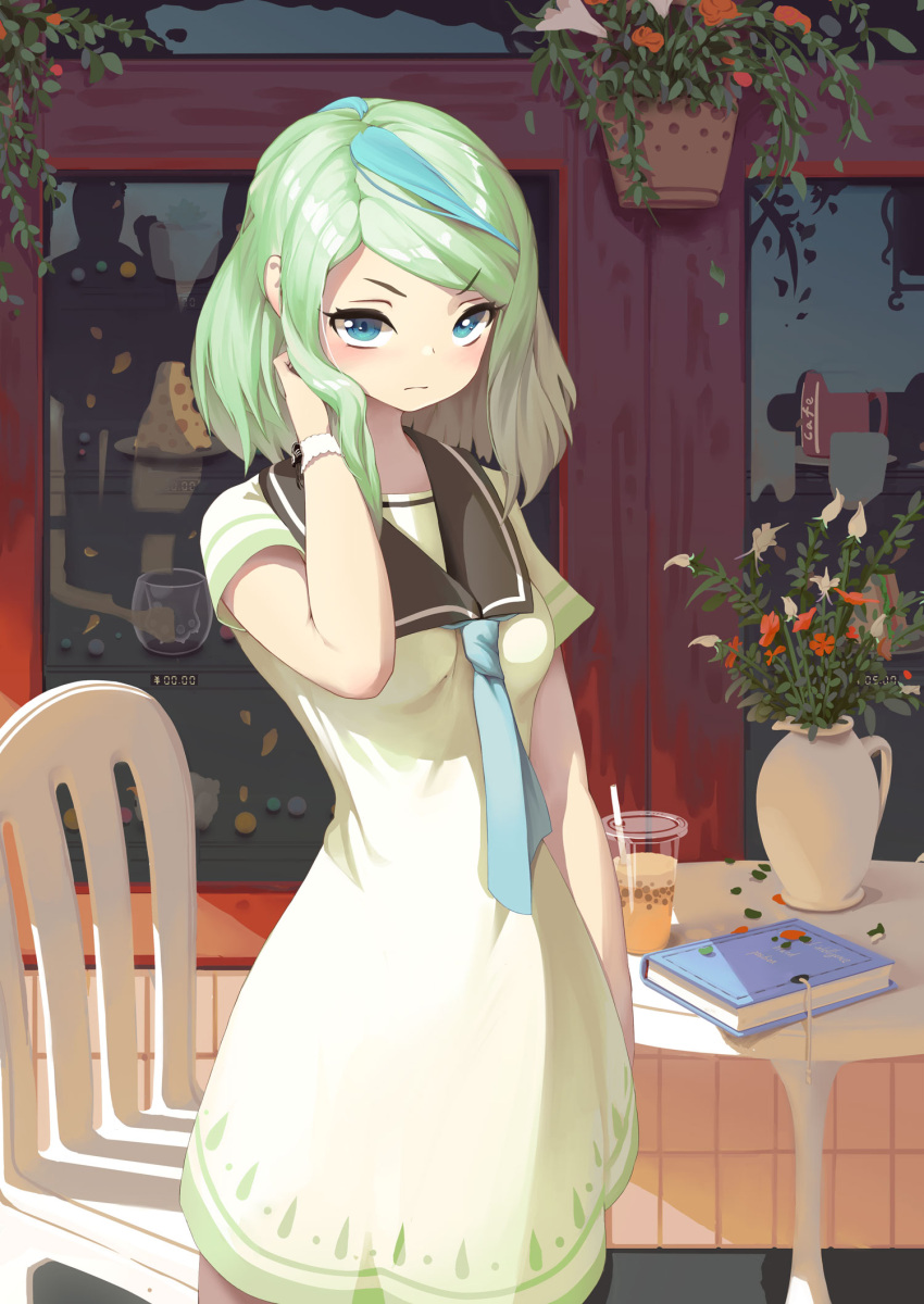 1girl blue_eyes blue_hair blue_neckwear book breasts bubble_tea chair cup disposable_cup dress flower green_hair hand_up highres looking_at_viewer medium_hair multicolored_hair original plant potted_plant reflection school_uniform serafuku short_sleeves small_breasts solo standing streaked_hair table two-tone_hair upturned_eyes vase window wristband zxc00016