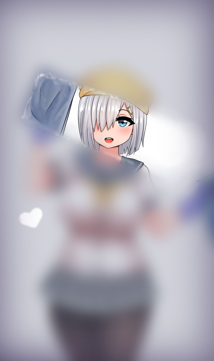 absurdres against_glass bandana bangs blue_eyes blush breasts cleaning curvy eyebrows_visible_through_hair from_below gloves hair_ornament hair_over_one_eye hairclip hamakaze_(kantai_collection) heart highres kantai_collection large_breasts looking_at_viewer open_mouth pantyhose phone_wallpaper rubber_gloves sailor_collar school_uniform serafuku shirt simple_background skirt smile the_only_shoe uniform white_hair