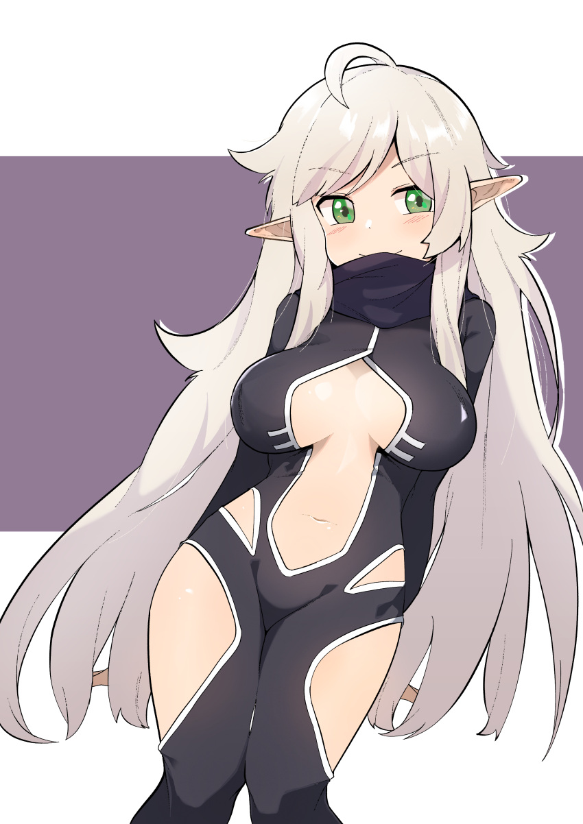 1girl absurdres ahoge blonde_hair blush breast_cutout breasts dungeon_and_fighter elf green_eyes highres large_breasts long_hair looking_at_viewer navel pointy_ears smile solo very_long_hair wweed