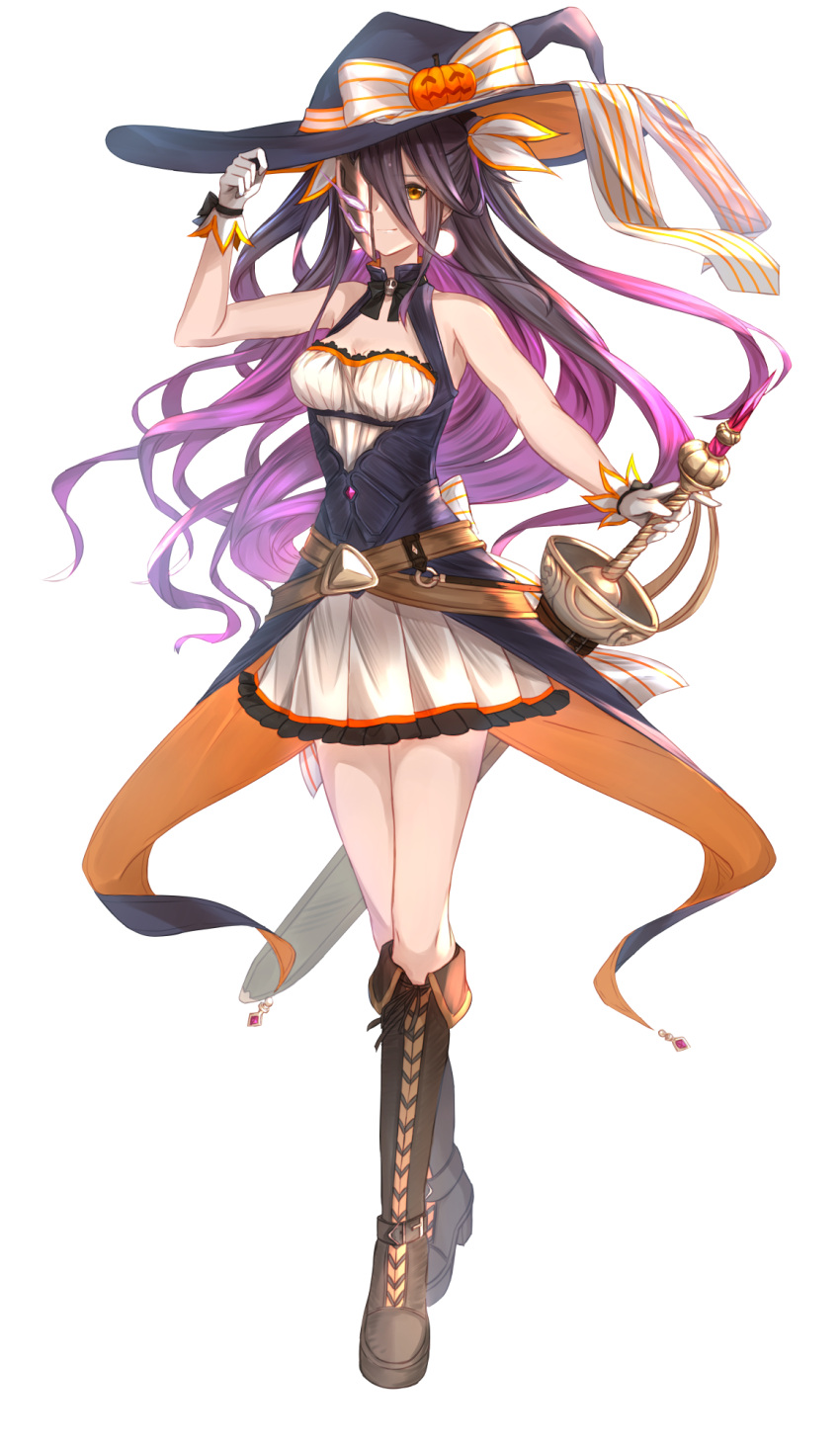 1girl alternate_costume black_hair boots breasts cleavage_cutout dress granblue_fantasy half_mask halloween_costume hat highres long_hair medium_breasts resuta rosamia_(granblue_fantasy) sword weapon white_background witch_hat yellow_eyes