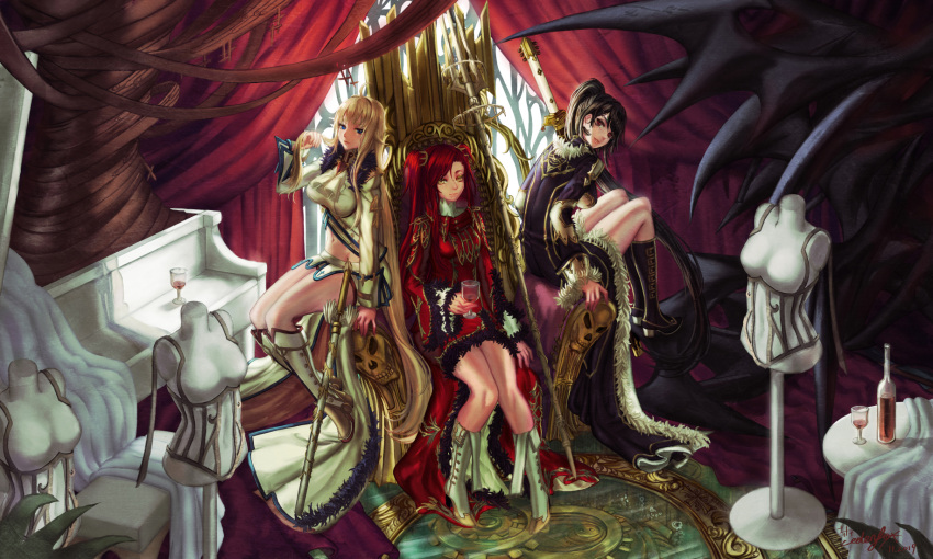 3girls ahoge bangs black_hair blonde_hair blue_eyes boots bottle breasts closed_mouth commentary_request cup drinking_glass dummy edenfox fur_trim high_collar highres katana long_hair looking_at_viewer medium_breasts multiple_girls original parted_lips polearm queen red_eyes redhead sitting smile sword trident twintails vampire very_long_hair weapon wine_bottle wine_glass yellow_eyes