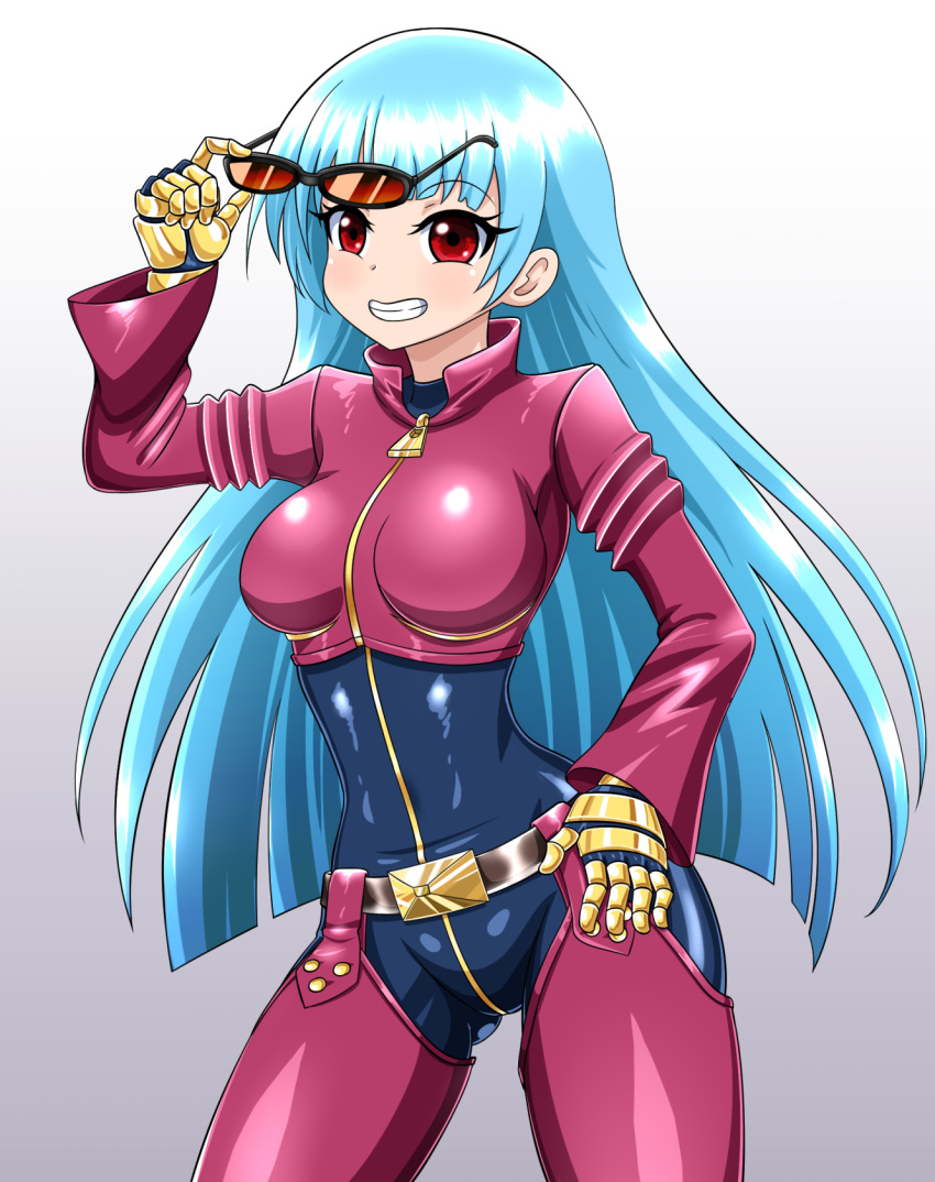 1girl blue_hair bodysuit breasts eyewear_removed gauntlets gloves gradient gradient_background grey_background hand_on_hip hand_up highres kula_diamond long_hair looking_at_viewer medium_breasts red_eyes simple_background smile solo sunglasses the_king_of_fighters very_long_hair yensh zipper