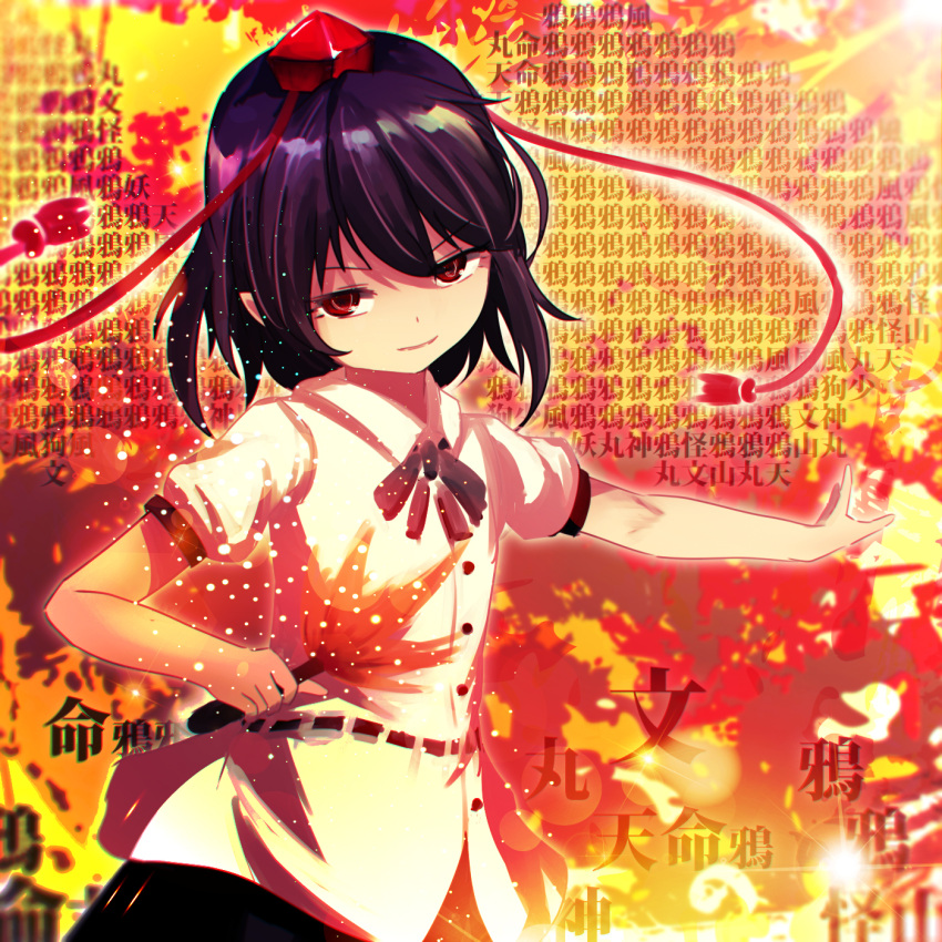 1girl black_hair black_ribbon collared_shirt hat hauchiwa highres kobaryo outstretched_arm pom_pom_(clothes) red_eyes ribbon shameimaru_aya shirt short_hair solo tokin_hat touhou upper_body white_shirt