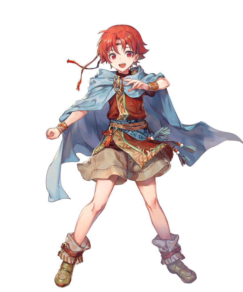 1boy azutarou belt boots bracelet cape circlet ewan_(fire_emblem) fire_emblem fire_emblem:_the_sacred_stones fire_emblem_heroes full_body highres jewelry official_art open_mouth red_eyes redhead solo teeth