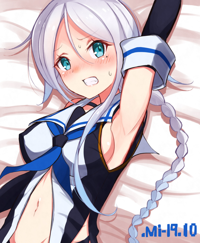1girl aqua_eyes arm_up bed_sheet black_shirt blue_neckwear blush braid breasts clenched_teeth dated detached_sleeves highres kantai_collection kuroten long_hair looking_at_viewer lying medium_breasts mole mole_under_eye neckerchief on_back on_bed open_mouth sailor_collar shirt sideboob silver_hair single_braid solo teeth umikaze_(kantai_collection) upper_body v-shaped_eyebrows very_long_hair white_sailor_collar